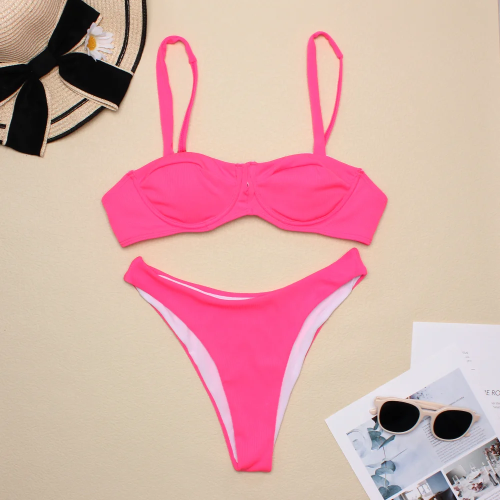 Популярный розовый купальник бикини 2021 Однотонный женский бразильский комплект