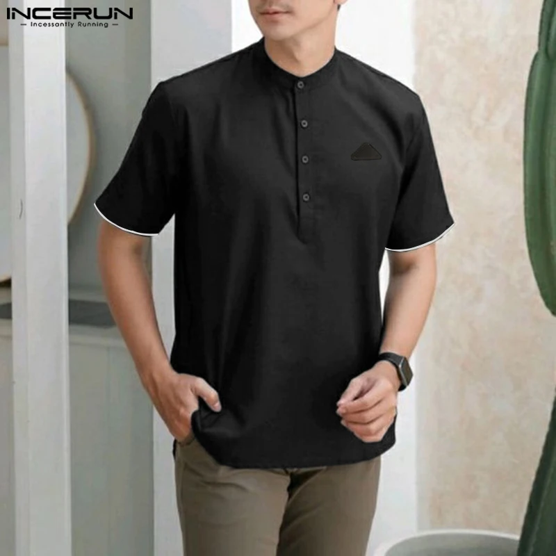 

INCERUN Cotton&linen Style Tops Men's Comfortable Standing Collar Shirts LeisureSolid Color Patchwork Short Sleeved Blouse S-5XL