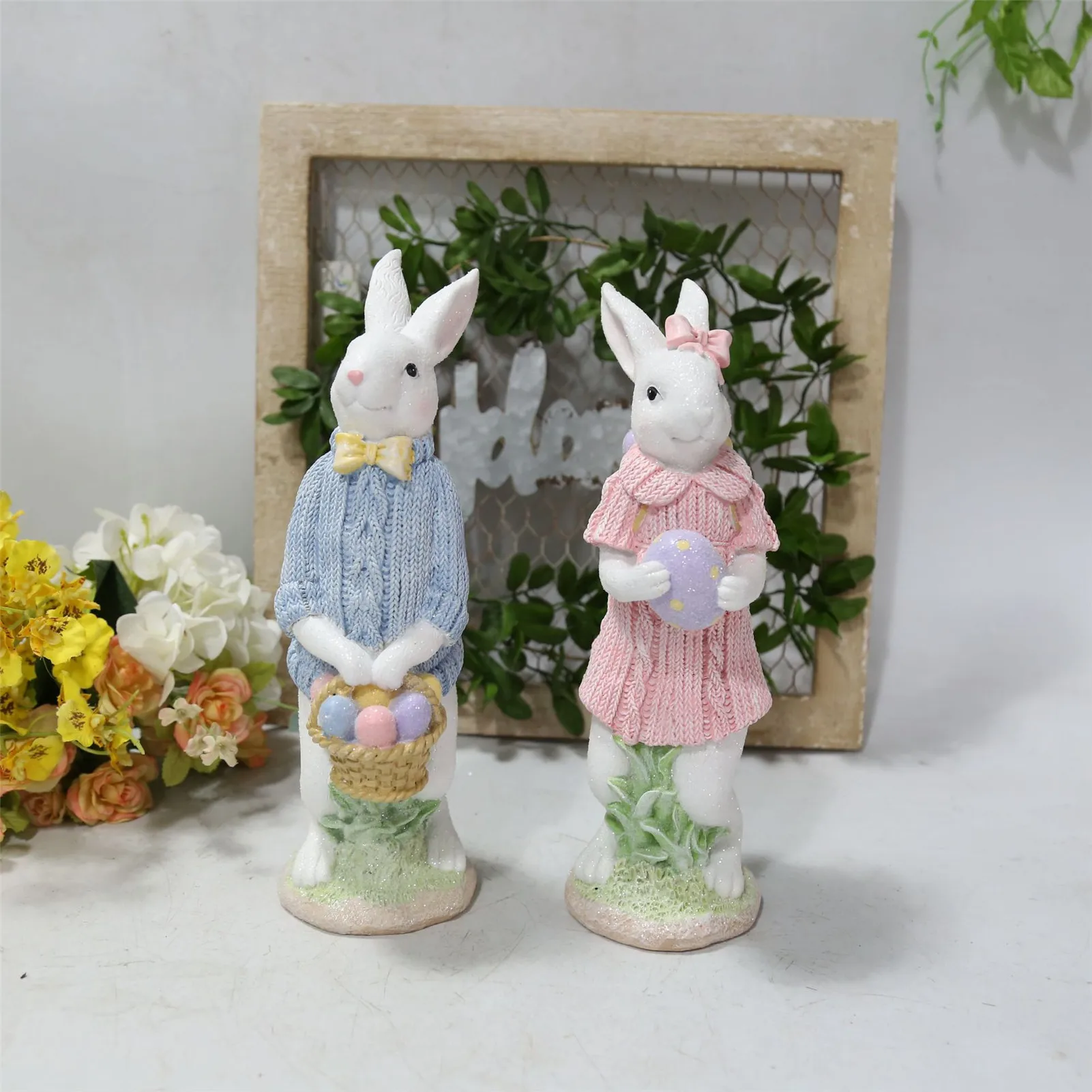

1pcs Easter Bunny Figurine Ornament Resin Standing Rabbit Animals Statue With Easter Egg Basket For Easter Party Home Decor