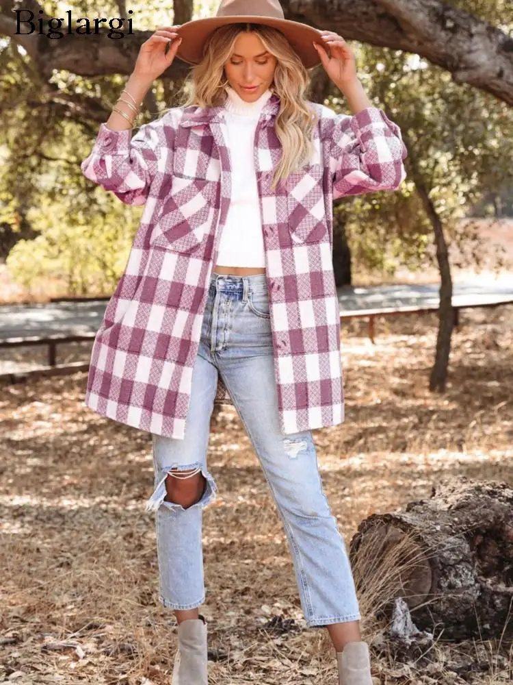 

Woolen Autumn Coat Women Plaid Print Fashion Long Sleeve Ladies Coats Casual Loose Woman Coat 2023 Manteau Femme