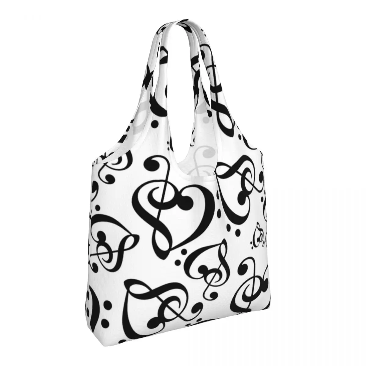 

Hearts Music Notes Pattern Shopping Bag Black And White Clef School Polyester Handbags Student Bulk Funny Bags