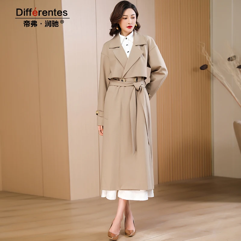 

Женский двубортный офисный Тренч, длинное пальто в Корейском стиле с отложным воротником и регулируемой талией, верхняя одежда для весны