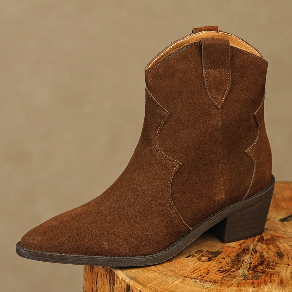 

Women's natural suede leather western boots thick med heel pointed toe slip-on autumn short boots calzados de mujer en oferta