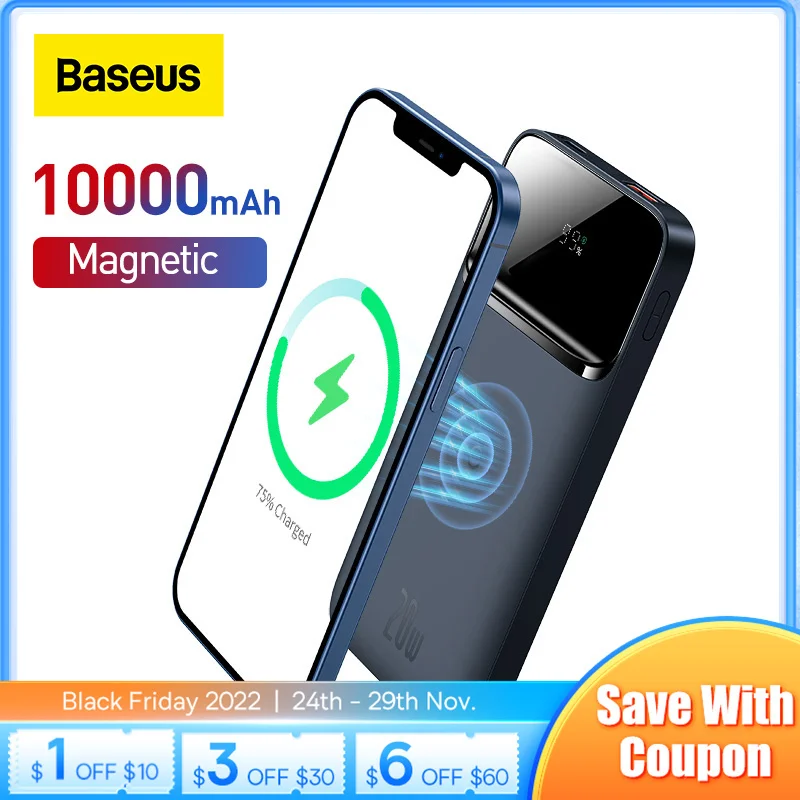

Внешний аккумулятор Baseus, ёмкость 10000мАч, беспроводная зарядка, мощность 20Вт, поддержка быстрой зарядки QC, магнитное крепление к телефону, по...