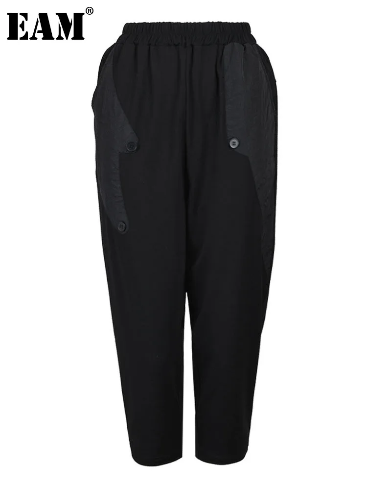 

[EAM] Черные Длинные шаровары с высокой эластичной талией и карманами, новые свободные женские брюки, модные весенне-осенние 2023 1DF649901