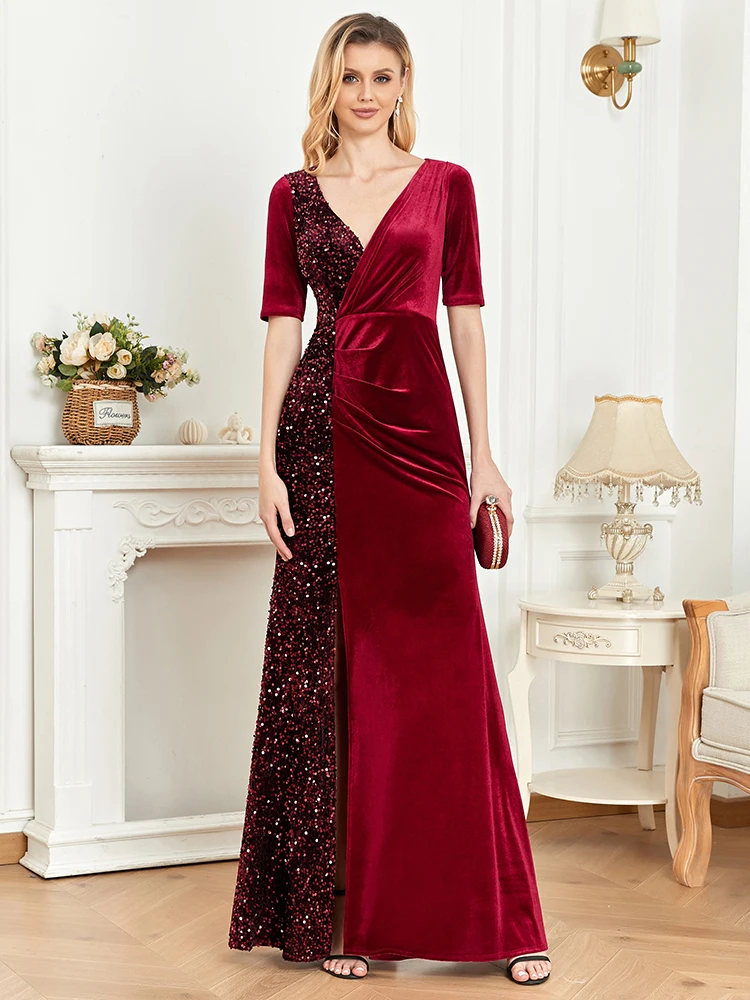 

XUIBOL Women Slit Evening Dress Elegant V-Neck Splicing Sequins Formal Gown Robe Vestidos De fiesta Dress For 2023 Wedding Party