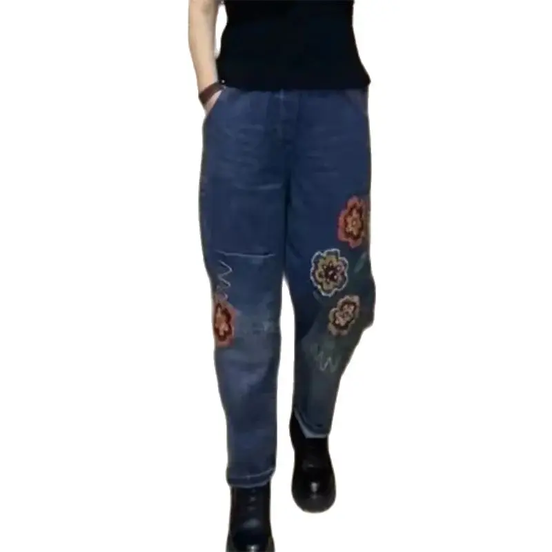 Джинсы с эластичной талией и вышивкой модные джинсы-шаровары синие свободные