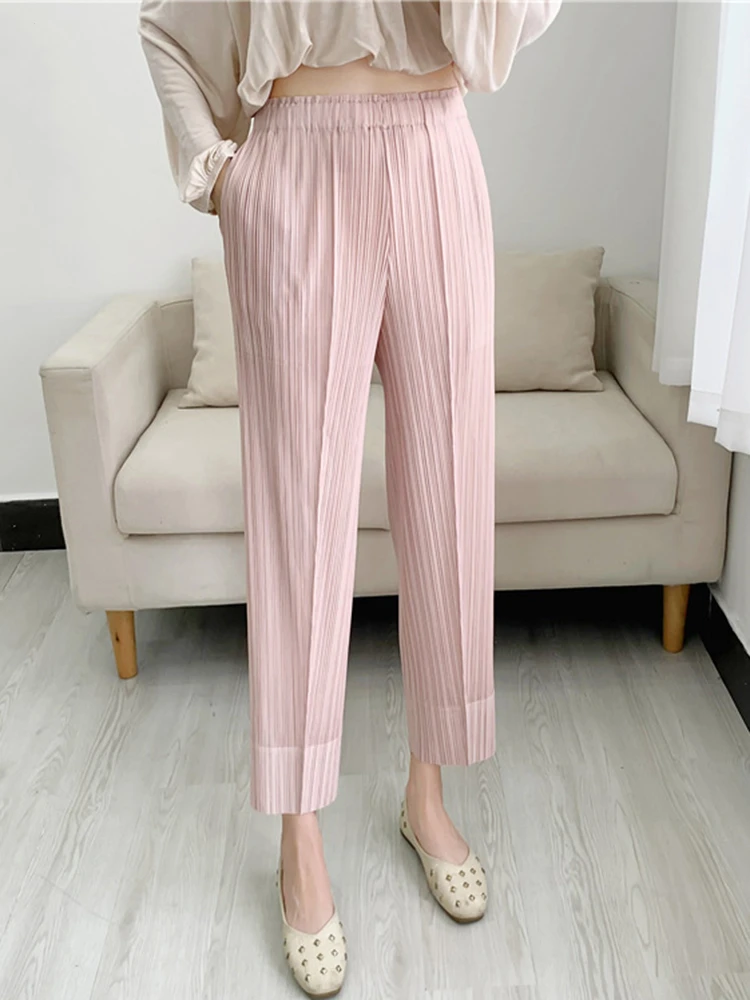 

Miyake Pleated Pencil Ankle-length Causal Pants Women Elastic High Waist Solid Color Pocket Decoration Fall 2022 Summer Female K