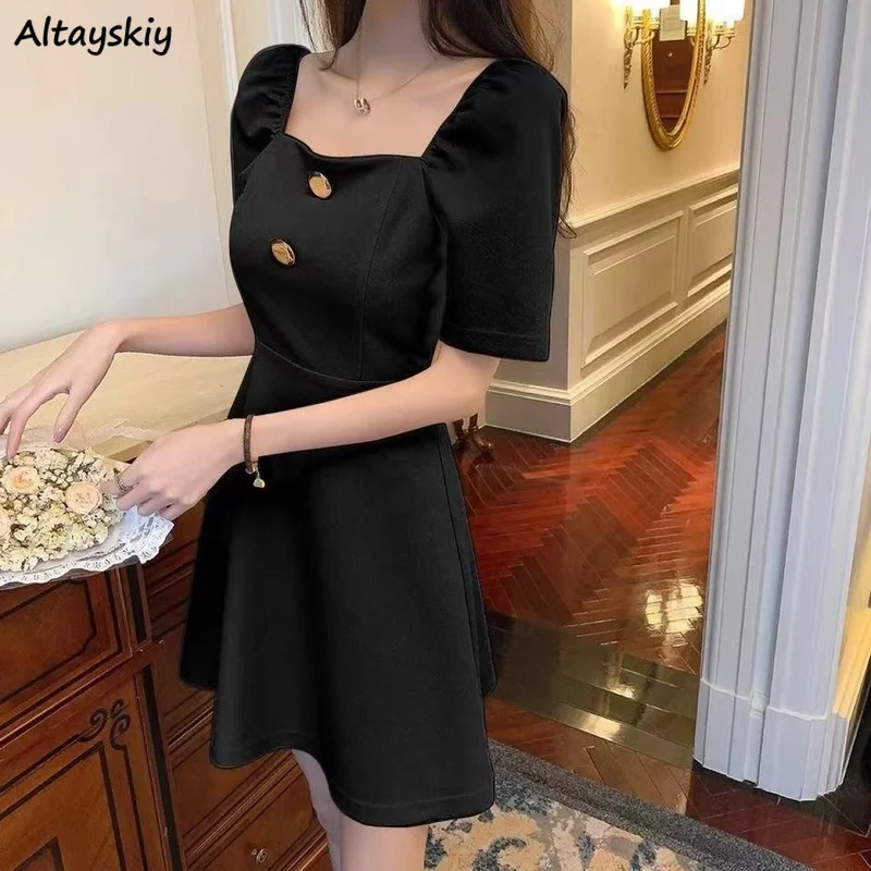 

Puff Sleeve Dress Women Summer New Simple Casual French Style BF Gentle A-line Fashion Elegant Slash Neck Temperament High Waist