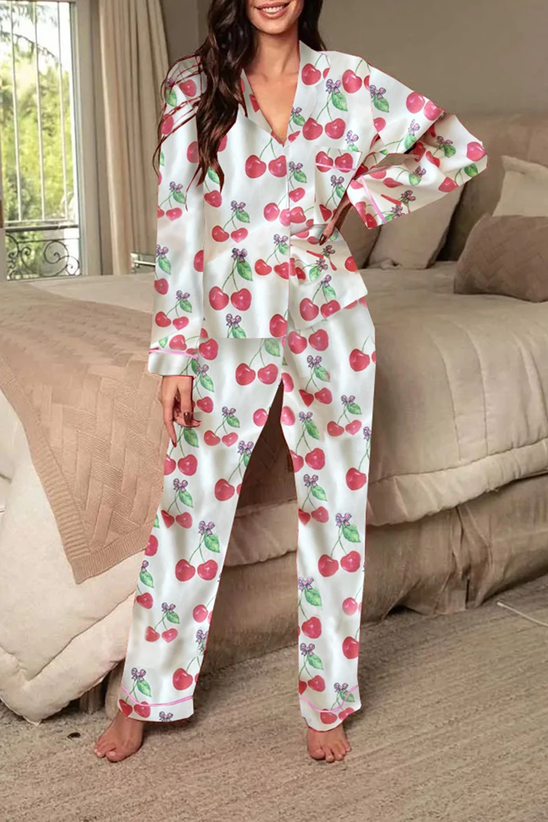 Женский атласный пижамный комплект с вишневым принтом топы на пуговицах