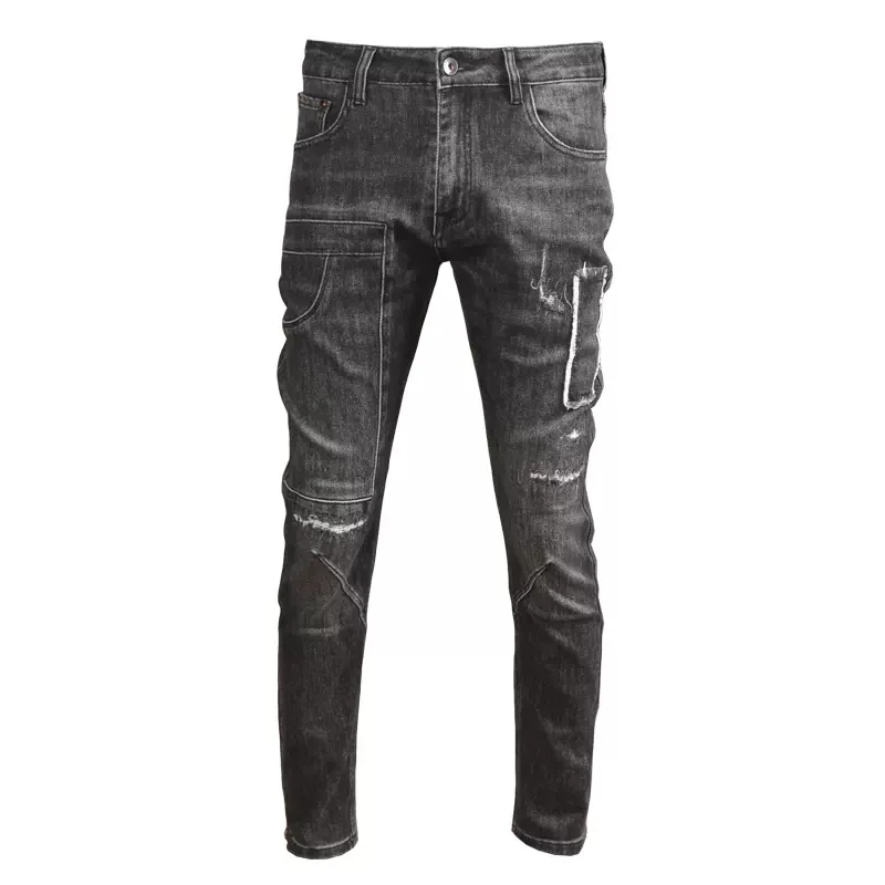 Fashion Streetwear Men Jeans Retro Black Gray Stretch Slim Fit Ripped Jeans Men Patched Pocket Designer Hip Hop Pants Hombre