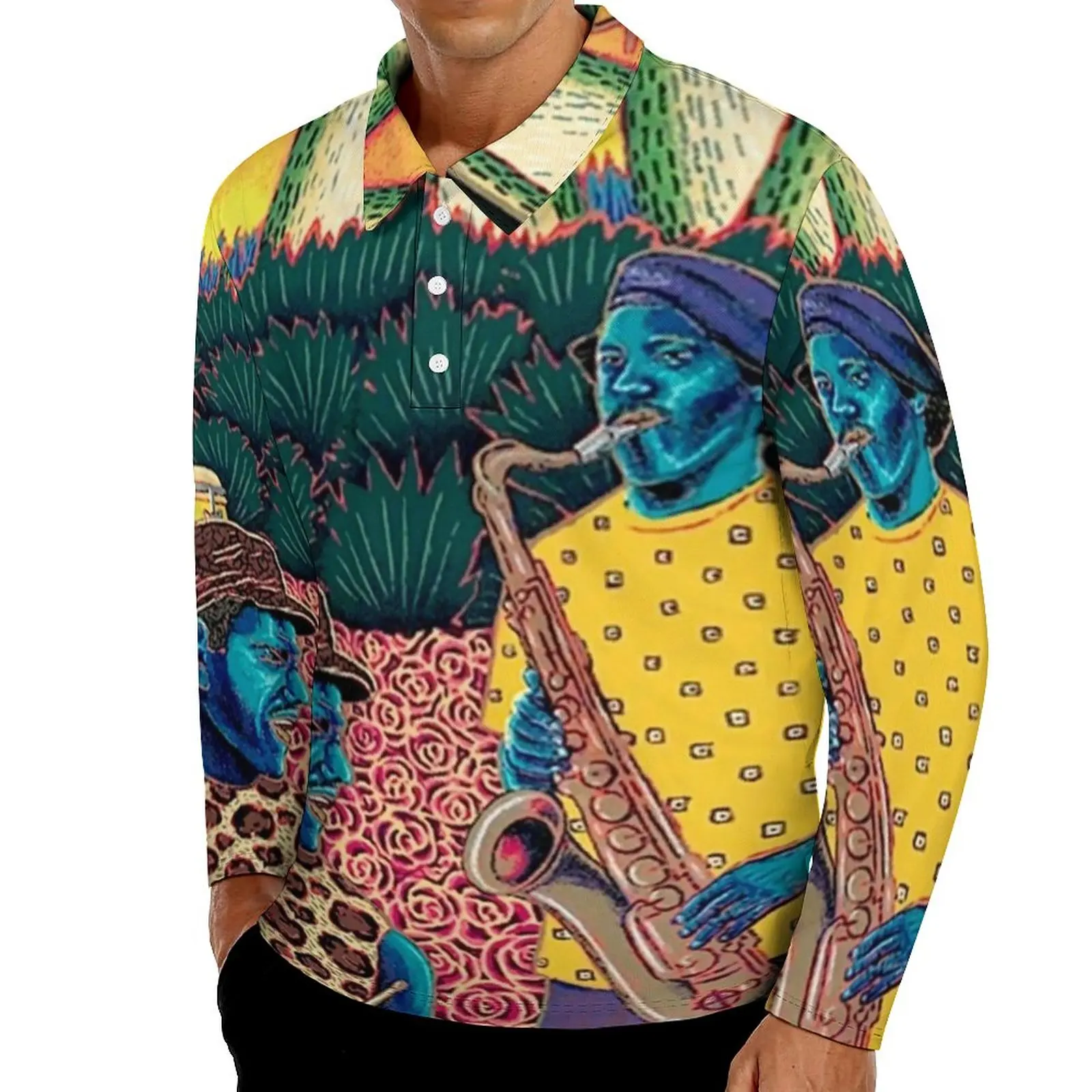 

Рубашка-поло с длинным рукавом, отложным воротником и принтом