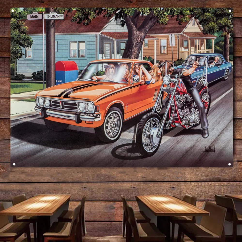 

Rider Kissing Car Girl Vintage Motorcycles Banner Flag Poster Wall Art Painting Tapestry Man Cave Bar Club Pub Garage Home Decor