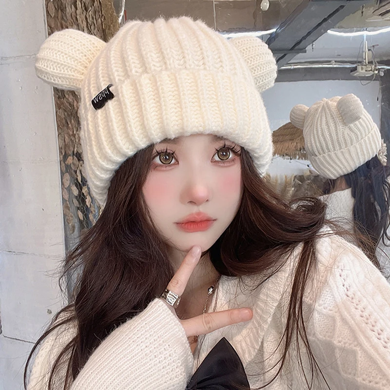 

Women Solid Color Knitted Cute Bear Ears Wool Hat Adult Soft Plush Thicken Outdoor Ear Protection for Warmth Hat Female Hat