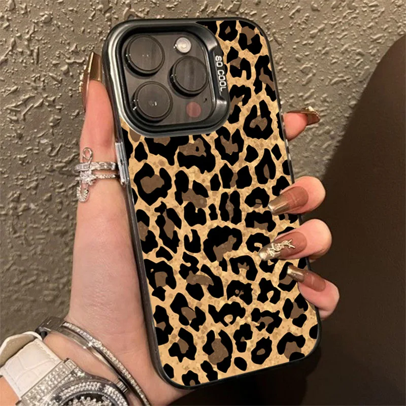 Brown Leopard Anti-drop Armour Phone Case For iPhone 16 Pro Max 15 14 13 12 11 X XR XS 7 8 Plus Lens protect plating Cover