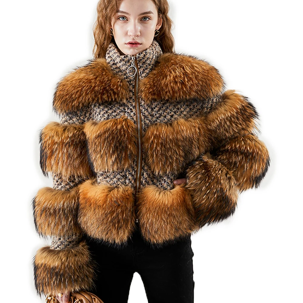 2022 Winter Jacket  Natural Raccoon Fur Wool Weave Fabric Women Real Silver Fox Fur Coat Warm Outerwear Streetwear