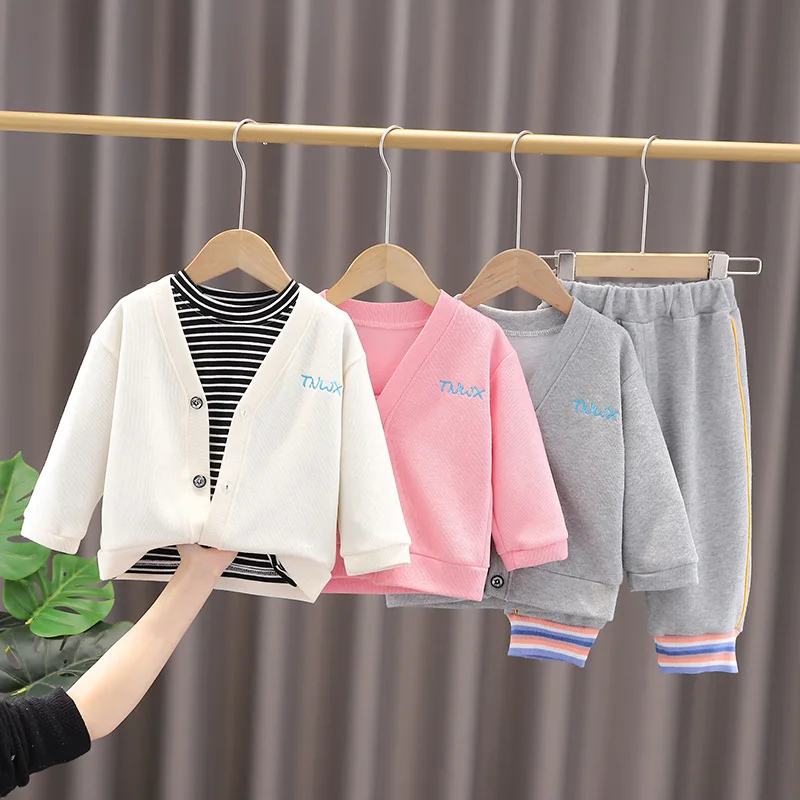 

Fashion Cute Baby Girls Cartoon Knapsack Cardigan+Striped T-shirt+Pants 3PCS Suits Kids New Spring Autumn Cotton Clothing Sets