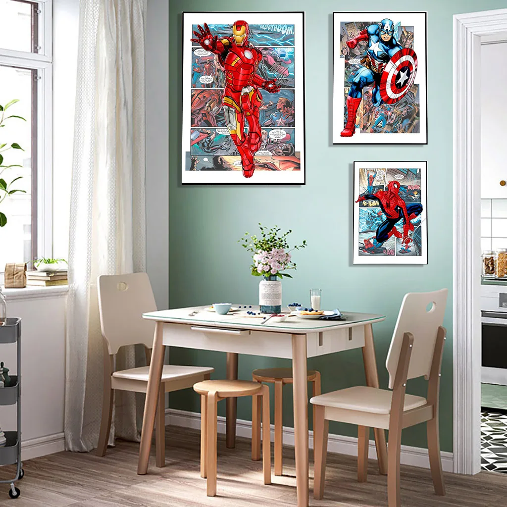 

Marvel Superhero Restaurant Children's Room Living Room Wall Decor Painting Comic Style Poster Iron Man Spiderman Wall Sticker