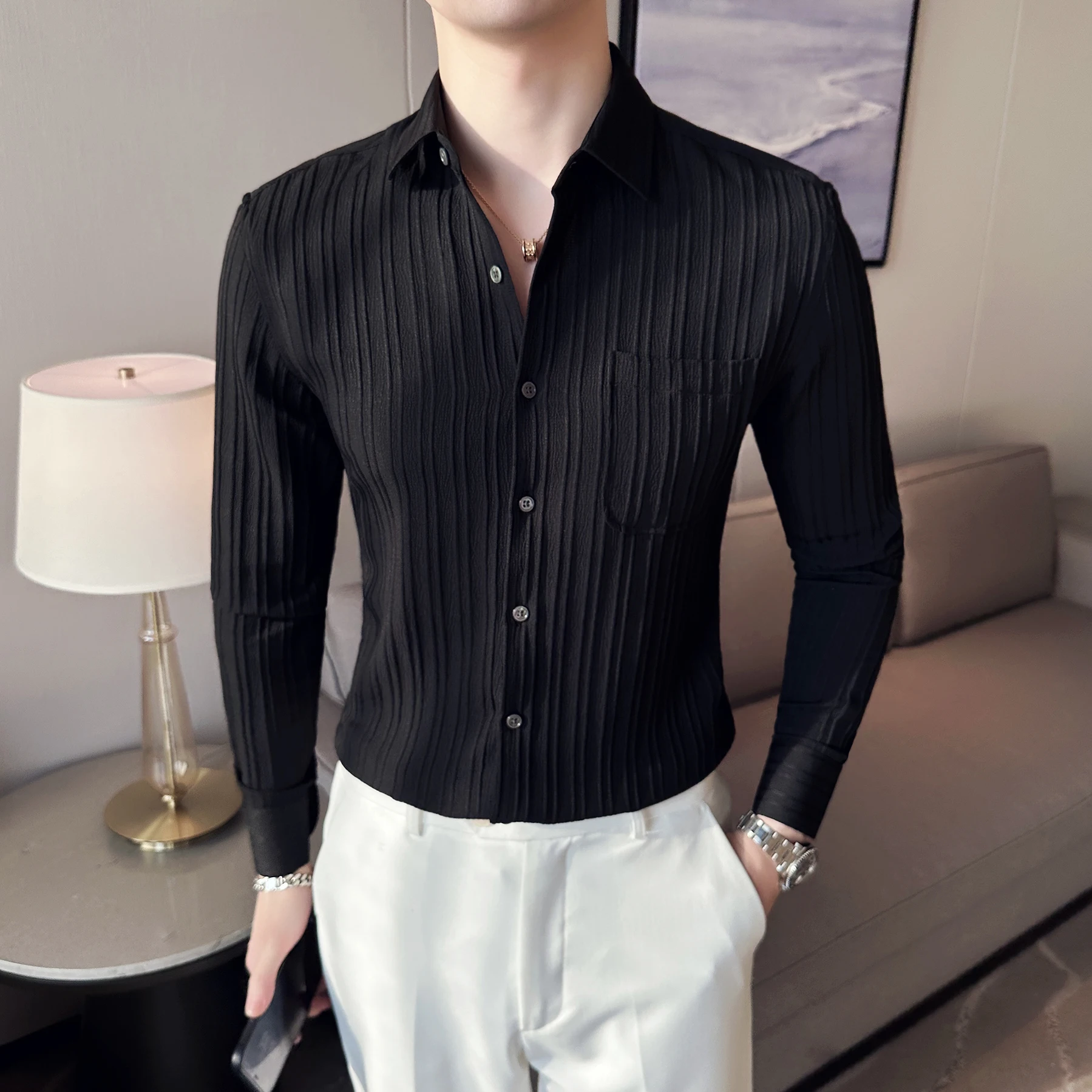 

2023 Men's Long Sleeve Striped Shirt - Handsome and Trendy, Black, Spring New Pleated Design, Casual and Comfortable,Size M-XXXL