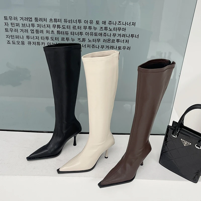 

Fashion Women Knee High Boots Black Beige Brown Side Zipper Thin High Heels Winter Autumn Booties Knight Boots Shoes Woman