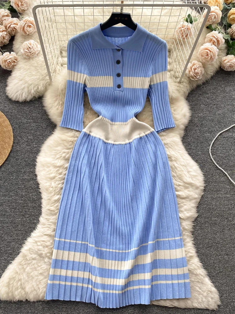 

Aibeautyer New Vintage Spring Summer Solid Slim Short Lady Dress A Line Turndown Collar Chiffon Mid-Calf Women Dresses