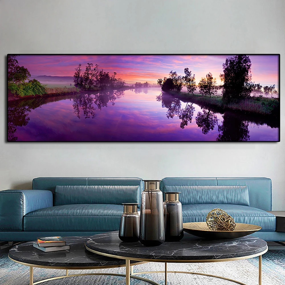 

Modern Purple River Landscape Sunset Canvas Painting Nature Posters And Prints Wall Art Pictures For Room Decoration Frameless