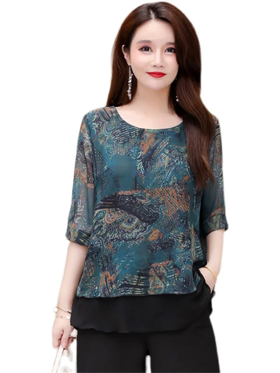 

Женская блузка с длинным рукавом, круглым вырезом и винтажным принтом