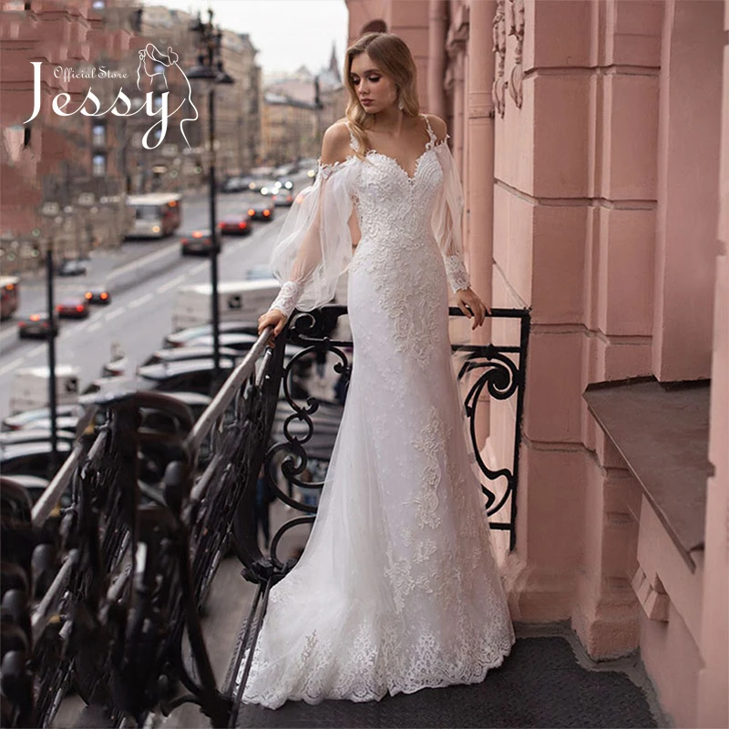 

Luxury Wedding Dress Embroidered Lace On Net With Mermaid Slim-line Ball Gown O-neck Puff Sleeves Bridal Backless Robes De Marié