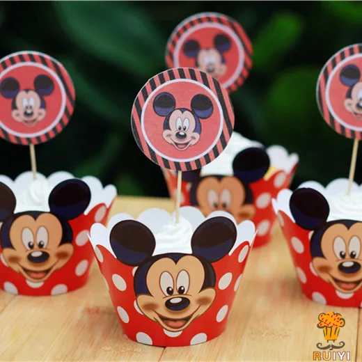 

24pcs Disney Mickey Mouse Figures Baking Cupcake Edge Card Set Decoration Classic Children Birthday Party Cupcake Insert Cards