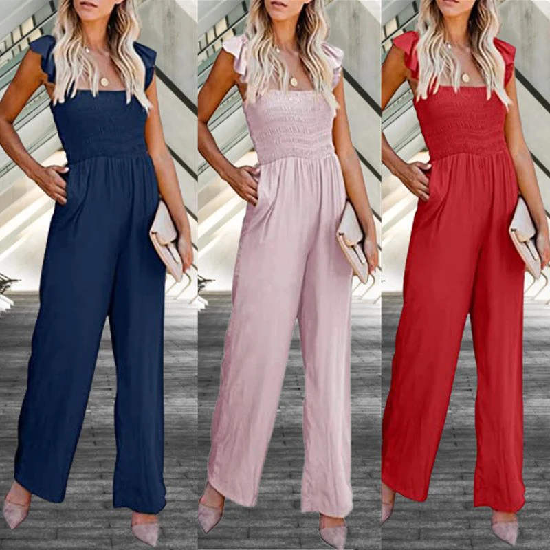 

Summer Women's Jumpsuits Wide Leg Long Pants Elegant Casual Fashion Streetwear Solid Color Party Rompers With Pockets For Girls