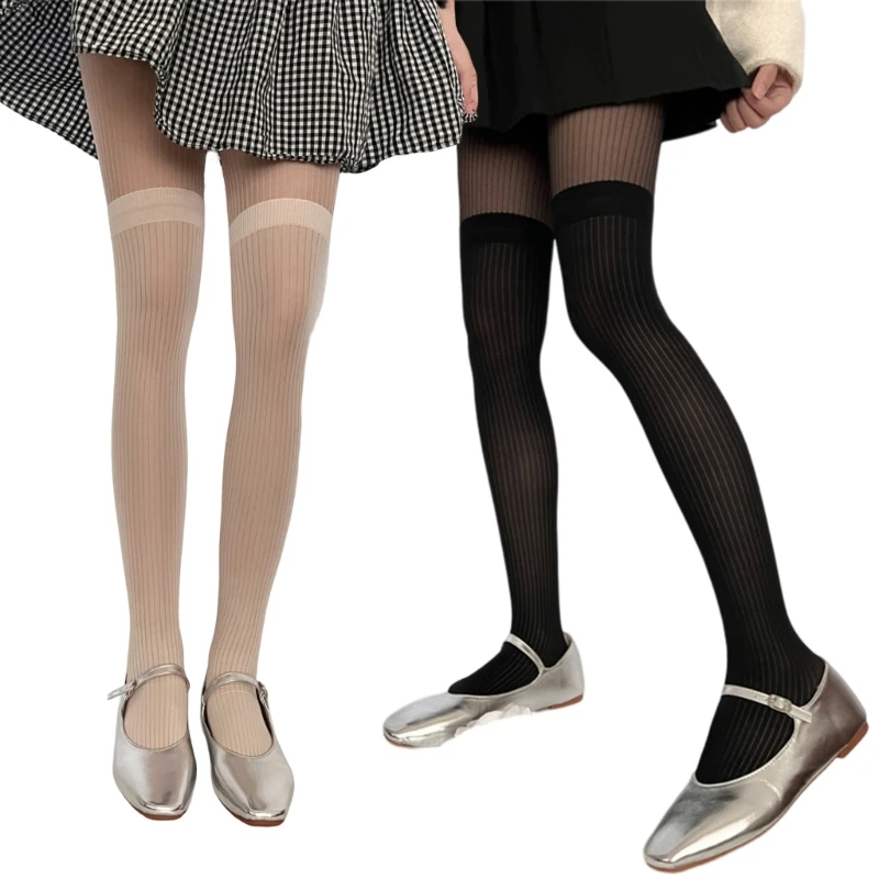 

Women Socks Japanese Style Vertical Striped Patterned Tights Sexy See-Through Faux Thigh High Patchwork Pantyhose Stockings