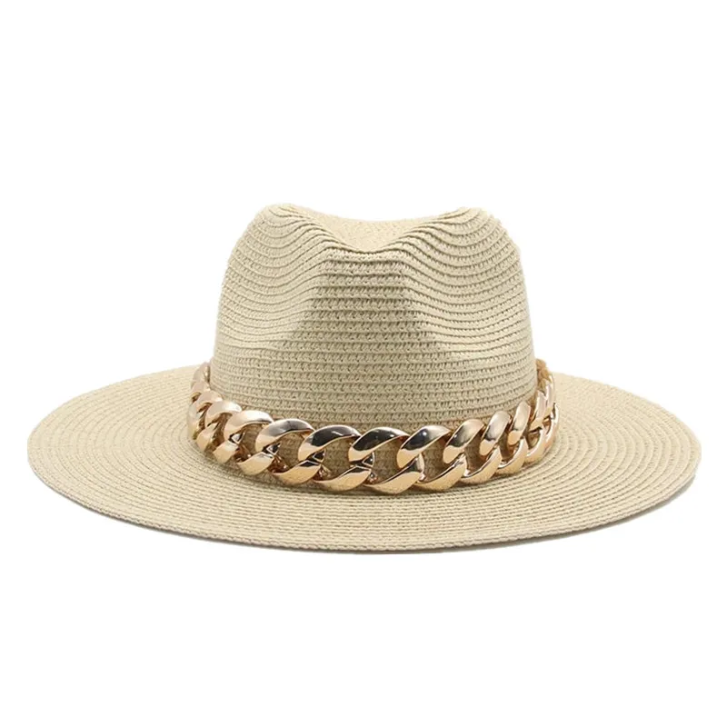 

Hats for Women Hat Sun Straw Panama Gold Chain Belt Hats for Men Spring Black Khaki Beach Casual Summer Men Hats Sombrero Hombre