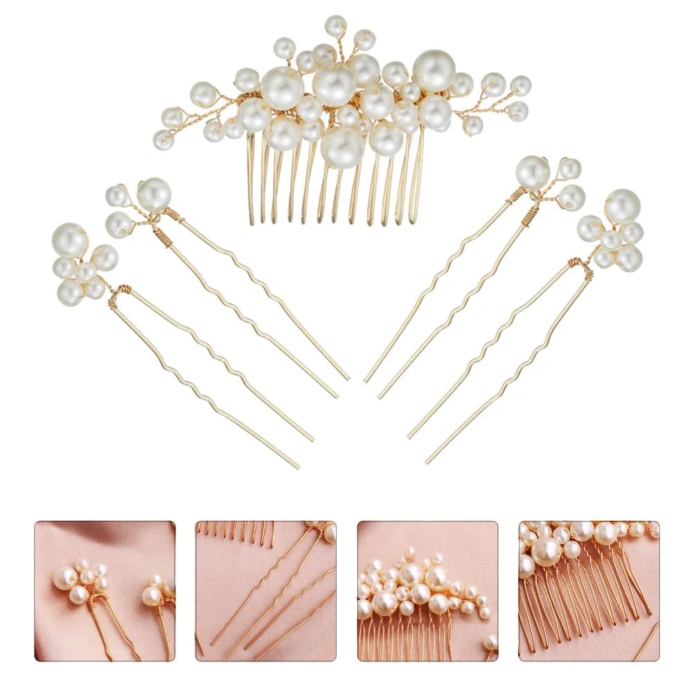 

1 Set 5pcs Bridal Pearl Hair Comb Hairpins for Bride (Golden)