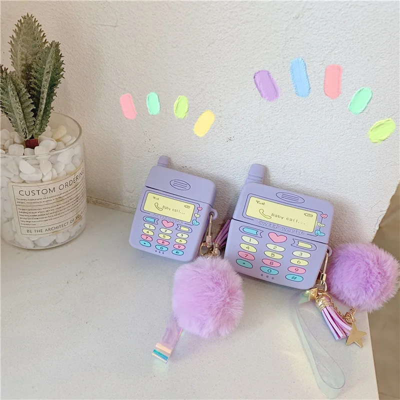 

Cartoon Telephone Style Earphone Case For Apple Airpods 1 2 Case Fur Ball KeyChain Wireless Bluetooth Cover For Airpods Pro