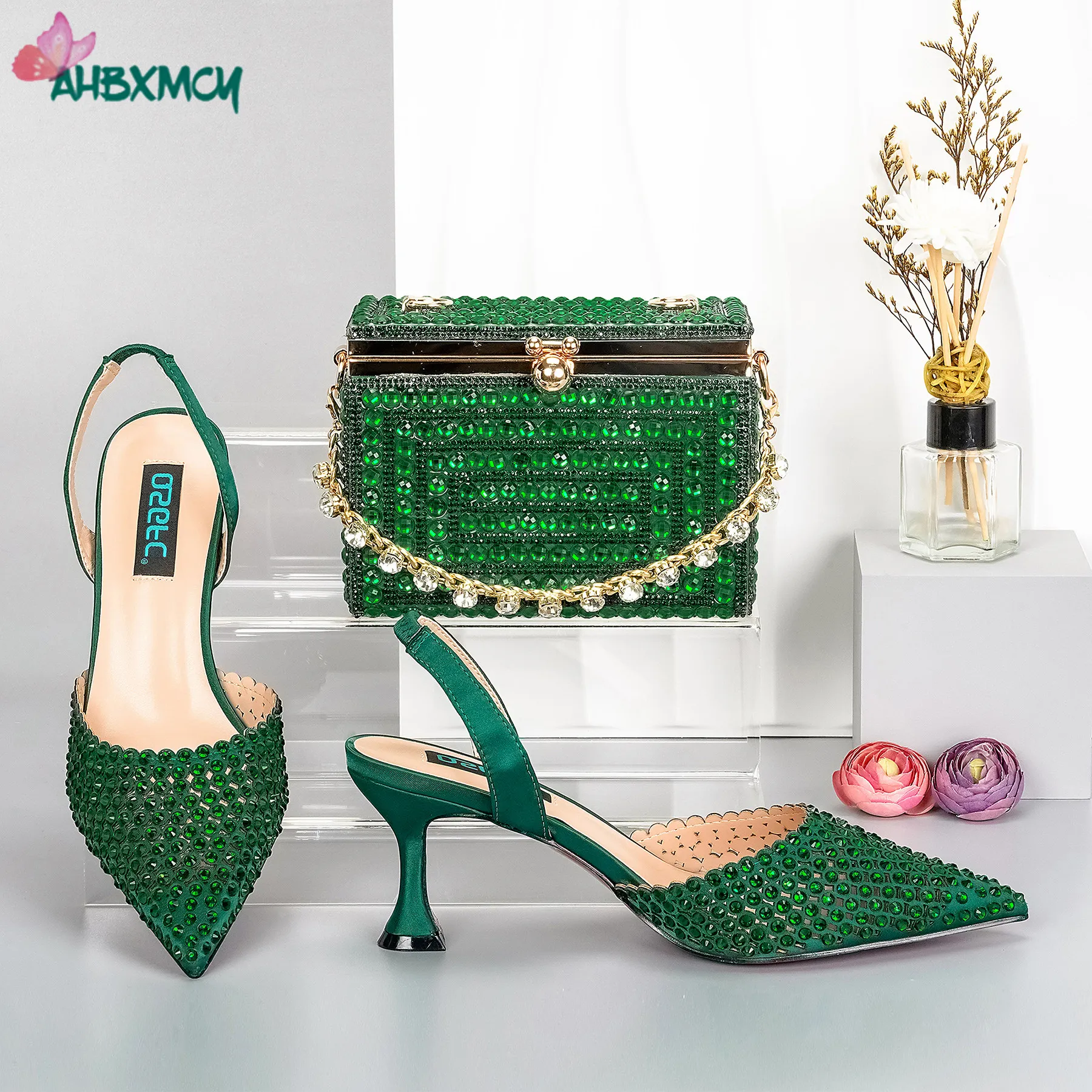 

Fashionable New Arrivals African 2024 Design Women Shoes and Bag Set in Green Color Decorate with Rhinestone for Party