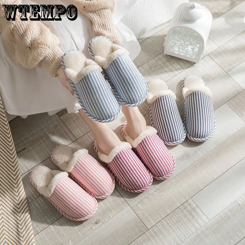 WTEMPO Striped Cotton Slippers Indoor Soft Silent Cotton Shoes Autumn Winter Warm Non-slip Plush Slides for Couples Wholesale