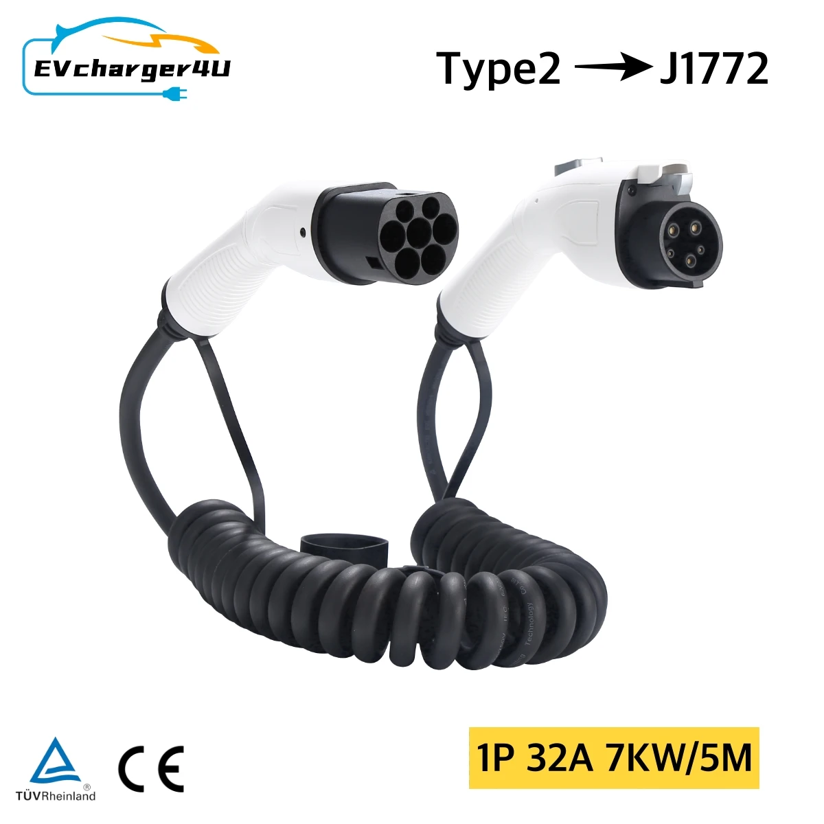 

EVcharger4U IEC62196 Тип 2–J1772 Тип 1 Спиральный кабель для зарядки электромобилей, 1 фаза, 32 А, 8 кВт, спираль от Type2 до Type1, для электрической Vechile