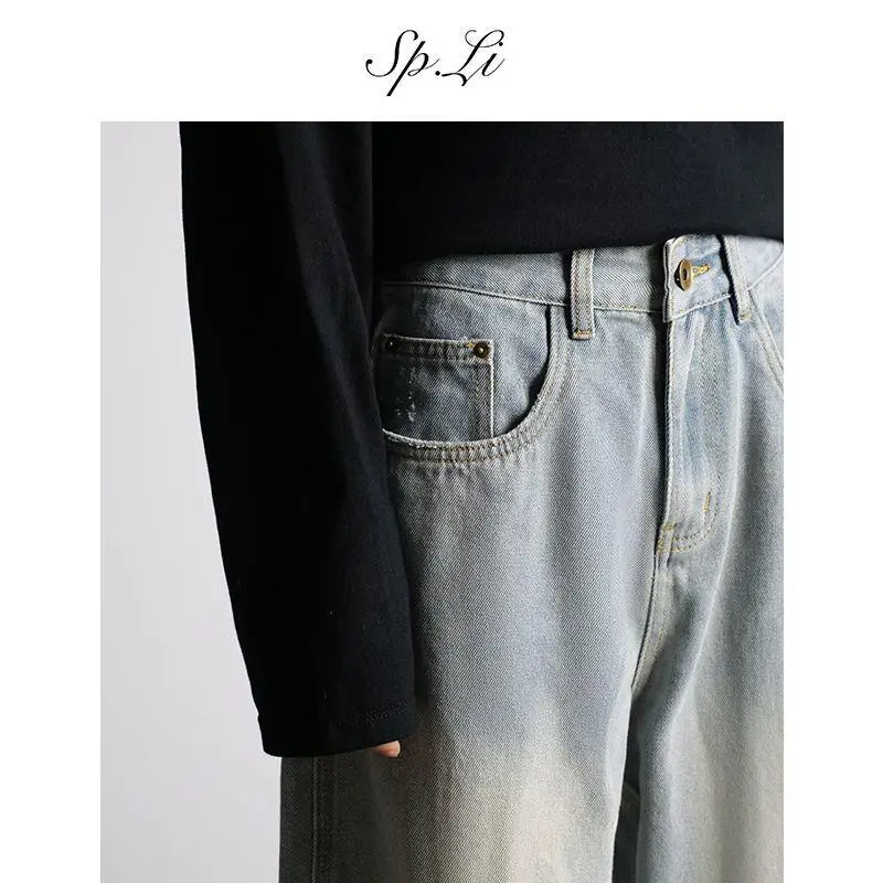 Spli [Три иглы Кошачья лапа Destroy Blue Cow] Мужские осенние свободные прямые широкие