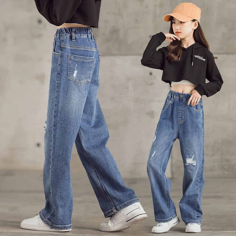 

Children Bottoms Clothing Girls Fashion Loose Straight Jeans Kids Casual Blue Denim Pants Teenager Vintage Ripped Wide Leg Pants
