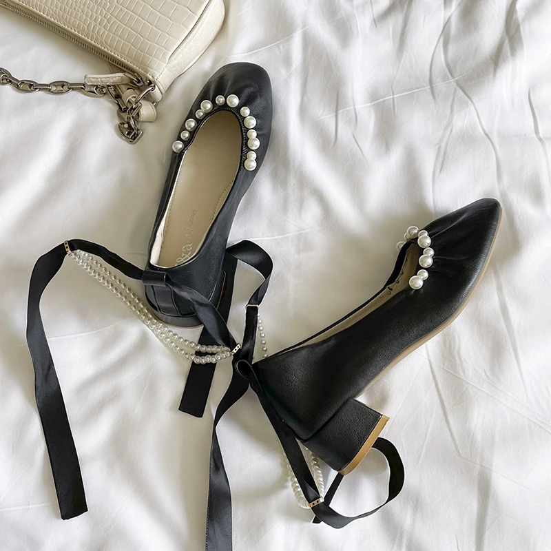 

Женские туфли на плоской подошве, мягкие туфли с жемчужинами и открытым носком, весна-осень 2022