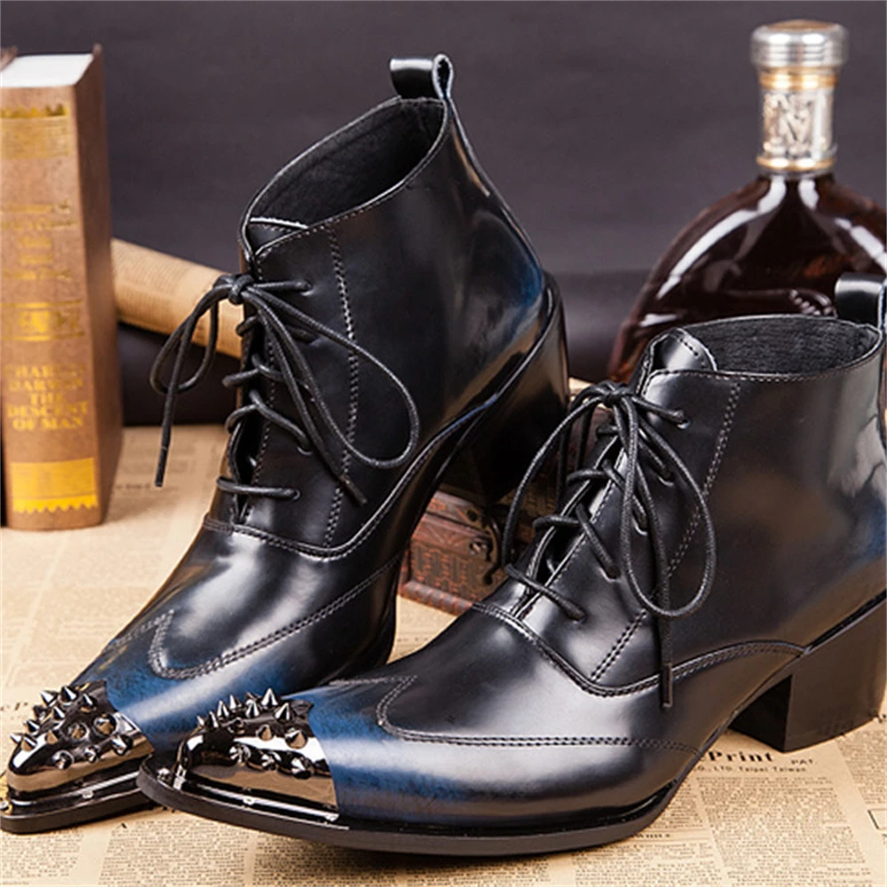 

Black With Metal Cross-Tied Genuine Leather Thick High Heels Pointed Toe Boots Male Plus Size Party Wedding For Men Dress Shoe