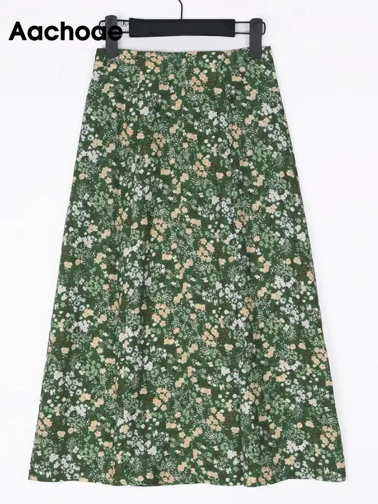 Юбка миди Женская трапециевидная с цветочным принтом разрезом завышенной талией