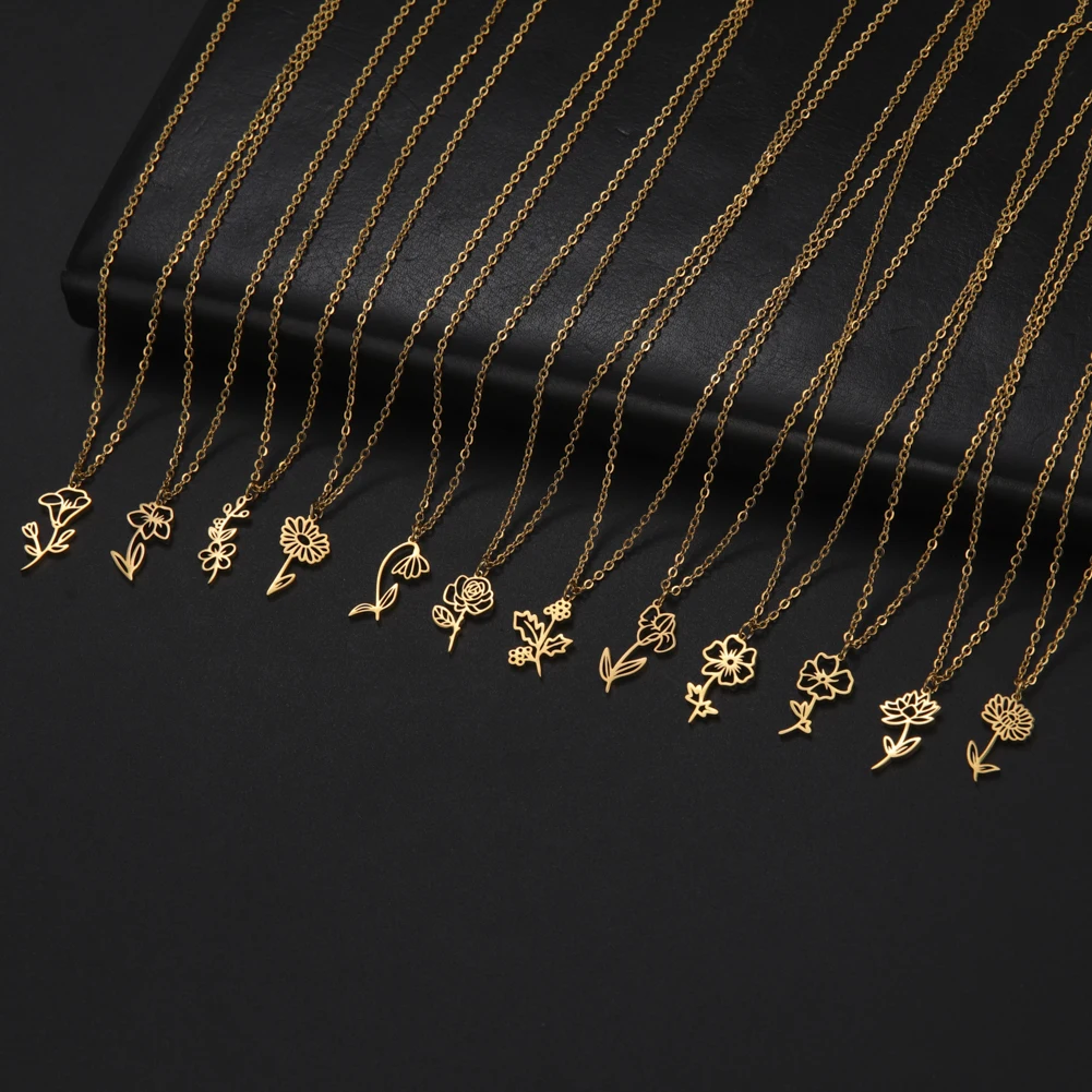 

Sipuris Birth Month Flower Stainless Steel Necklace For Women 2022 Trendy Gold Color Rose Pendant Jewelry Gifts For Birthday