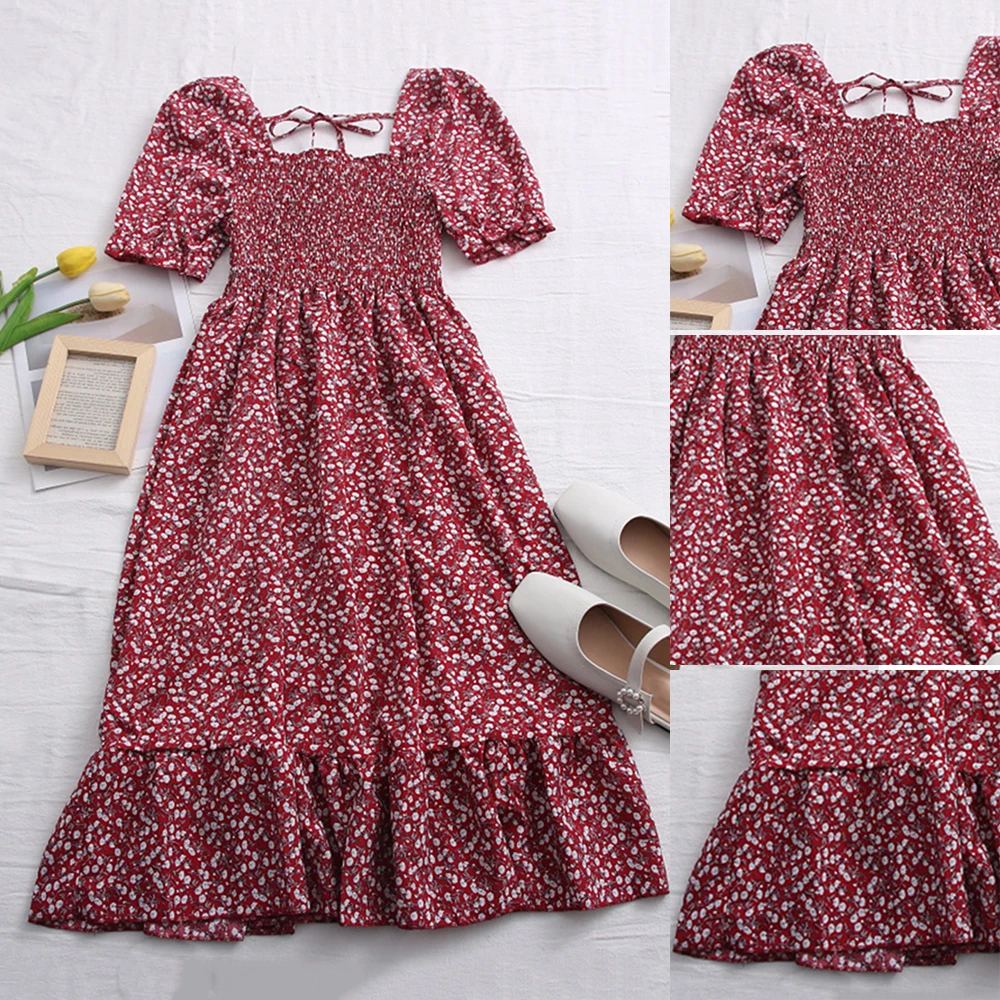 

Girls Dress Square Neck Backless Lace-up Pleated High Waist Printed Dresses Dresses That Hide Belly Fats Midi Length EIG88