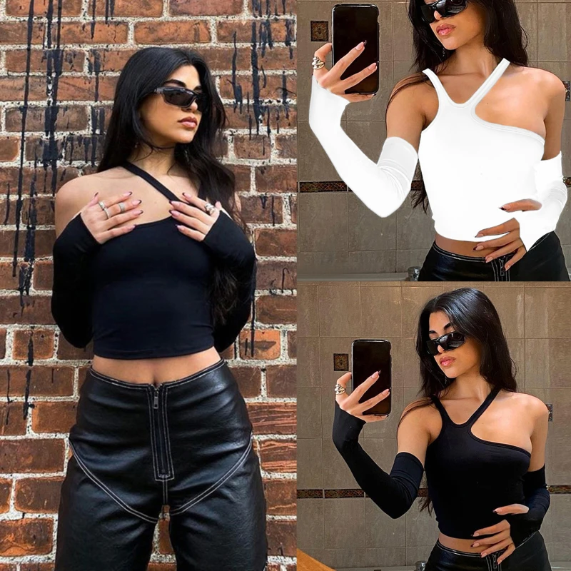 

Autumn Fashion Casual Slim Solid Removable Sleeves Halter T Shirt For Women New Streetwear Wild Basic Female Top Hot