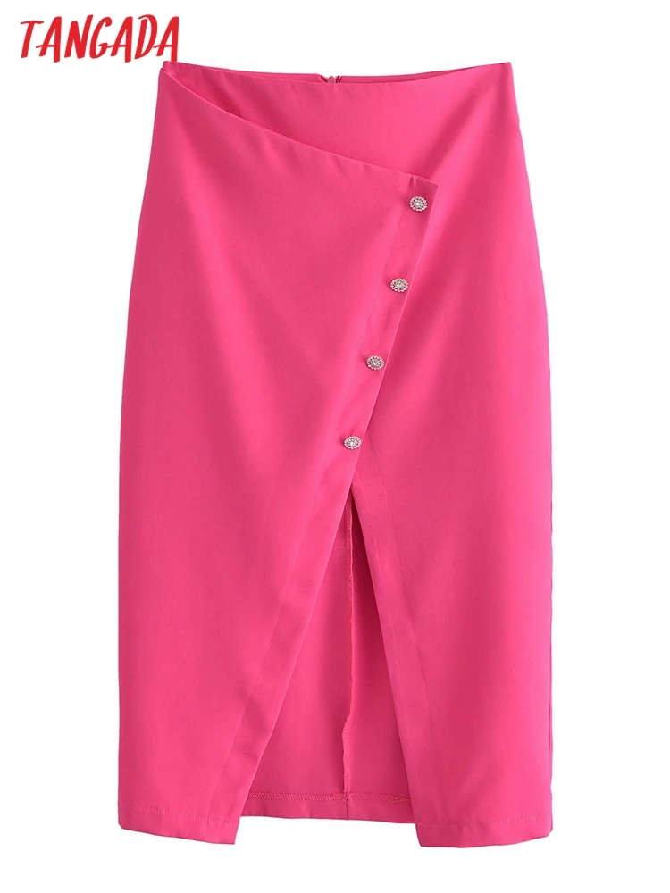 

Tangada Women Solid Midi Skirt Side Jewelry Decorate Vintage Office Ladies Elegant Chic Mid Calf Skirts QN66
