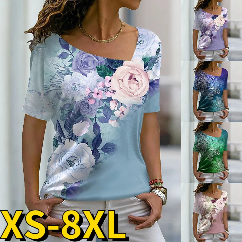 

Summer T Shirt Women Short Sleeve 3D Floral Print Tee V-Neck Loose Size Fashion Ladies Street Casual Tops Female Comfort Tee