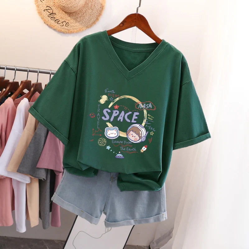 

DAYIFUN Oversized T Shirts Cotton Plus Size T Shirt Summer Top Tees Cute Cartoon Printed V Neck L-6XL Short Sleeve Tshirt Women