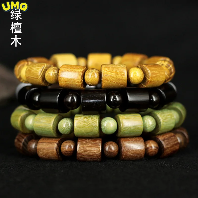 

Green Sandalwood Bucket Beads and Separated Beads Buddha Beads Hand String Men's and Women's Single Circle Bracelet Wooden