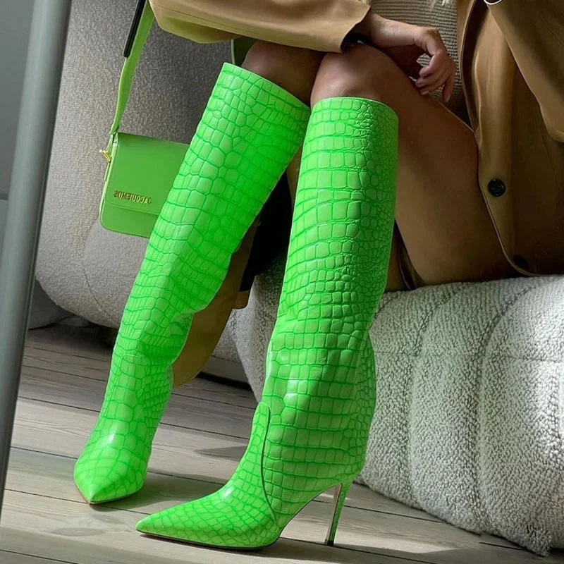 

New Women's Boots Winter Hedging Knee-length Boots Fashionable Green Blue Stiletto High-heeled Boots Trendy Calf Pointed Boots